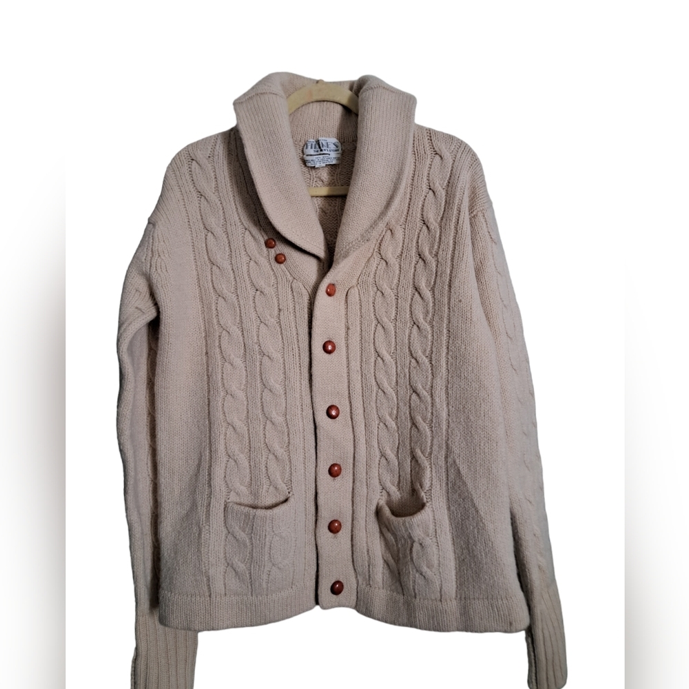 FILENES MEN'S Wool cable knit cardigan button front Dad sweater shawl collar  LG